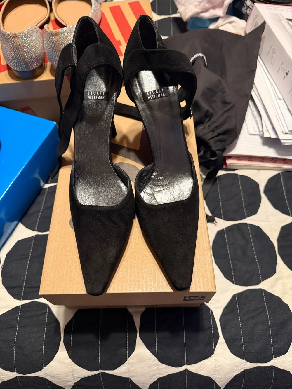 Stuart Weitzman Black Suede Pointed-Toe Strap Pumps